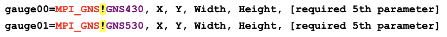 GNS gauge syntax format showing gauge00=MPI_GNS!GNS430 and gauge01=MPI_GNS!GNS530 with parameters