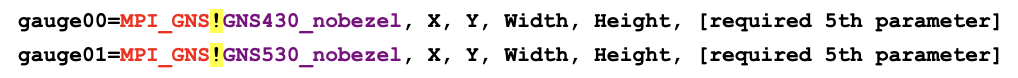 GNS nobezel gauge syntax showing gauge00=MPI_GNS!GNS430_nobezel and gauge01=MPI_GNS!GNS530_nobezel with parameters