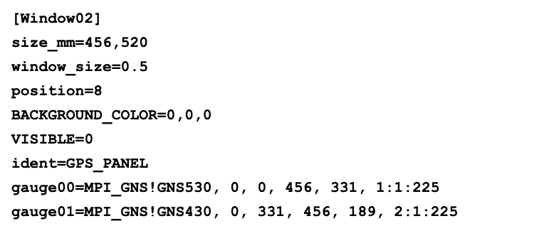 Panel.cfg configuration for GNS 530 as GPS #1 and GNS 430 as GPS #2 in a popup window showing Window02 section